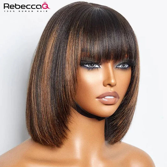 Perruque courte blonde à reflets, coupe au carré 3x1, sans colle, cheveux humains brésiliens, coupe au carré lisse 1b/30, avec frange, pour femmes