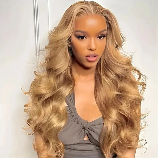 Perruque blonde miel 13x4 27 pouces, cheveux humains, perruque frontale en dentelle HD 13x6, densité 200, perruque ondulée